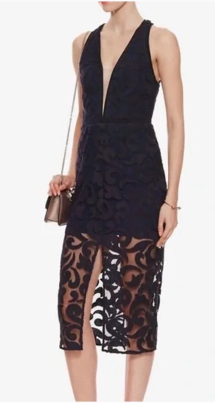 Manning Cartell Navy Lace Sheath Cocktail Midi Dress Size Large
